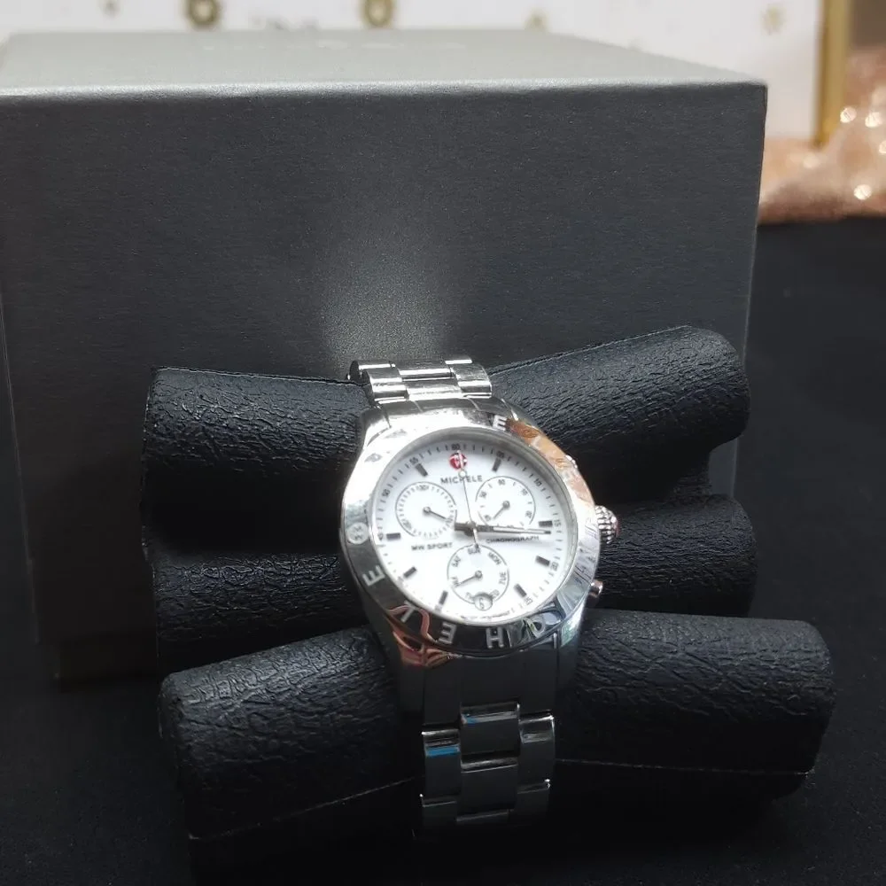 Michele MW Sport Silver Chronograph Swiss Quartz Watch EUC AUTHENTIC